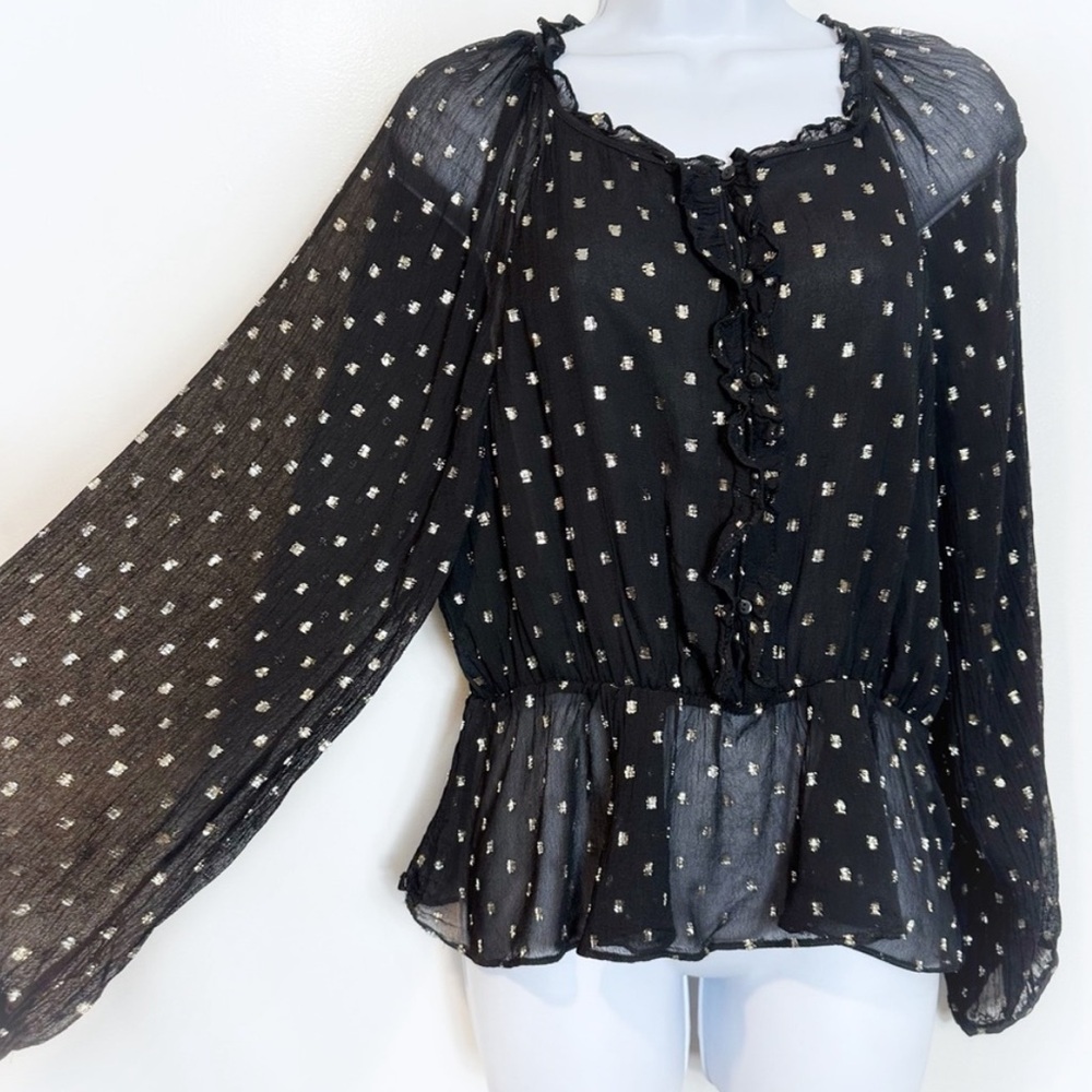 Zara Black Sheer Ruffled Peplum Blouse with Metallic Dots
